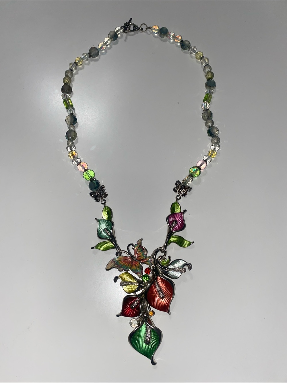 🌺 Vintage Silver Tone Multicolor Floral Statement Pendant Necklace Butterfly 🦋